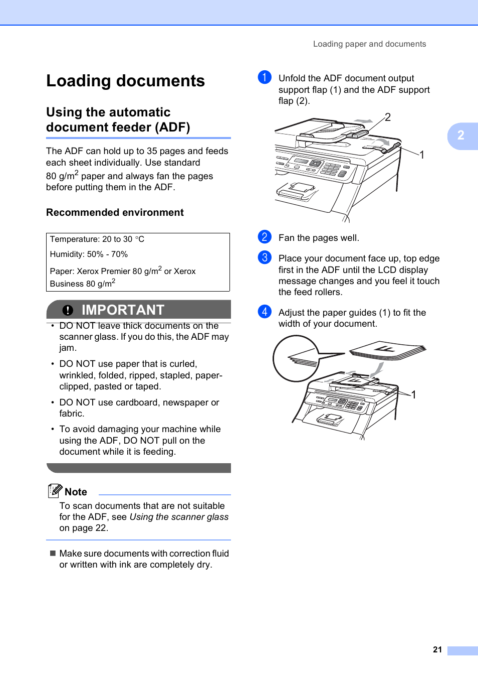 Loading documents, Using the automatic document feeder (adf), Recommended environment | Important | Brother DCP-9010CN User Manual | Page 29 / 136