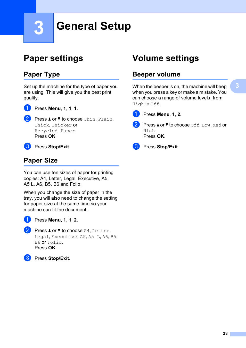 3 general setup, Paper settings, Paper type | Paper size, Volume settings, Beeper volume, General setup, Paper type paper size | Brother DCP-9010CN User Manual | Page 31 / 136