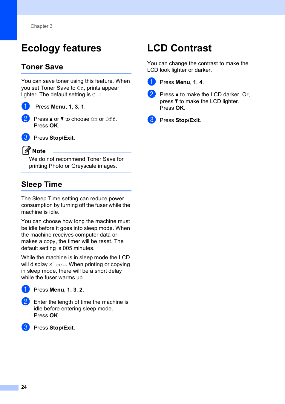Ecology features, Toner save, Sleep time | Lcd contrast, Toner save sleep time | Brother DCP-9010CN User Manual | Page 32 / 136
