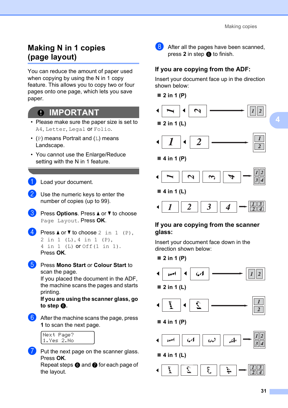 If you are copying from the adf, If you are copying from the scanner glass, Important | 4making n in 1 copies (page layout) | Brother DCP-9010CN User Manual | Page 39 / 136