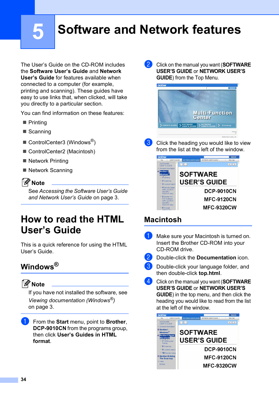 5 software and network features, How to read the html user’s guide, Windows | Macintosh, Software and network features | Brother DCP-9010CN User Manual | Page 42 / 136