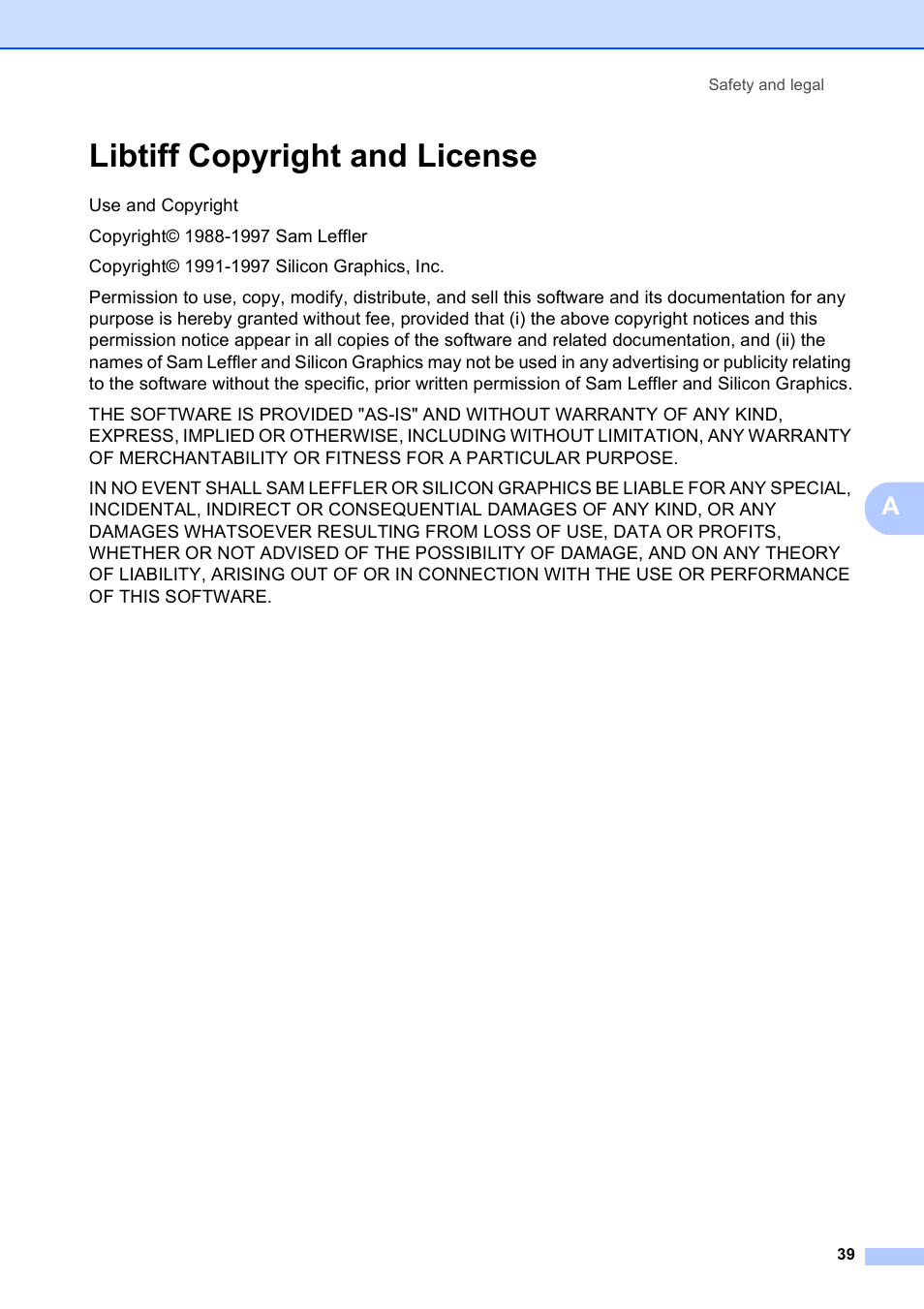Libtiff copyright and license | Brother DCP-9010CN User Manual | Page 47 / 136