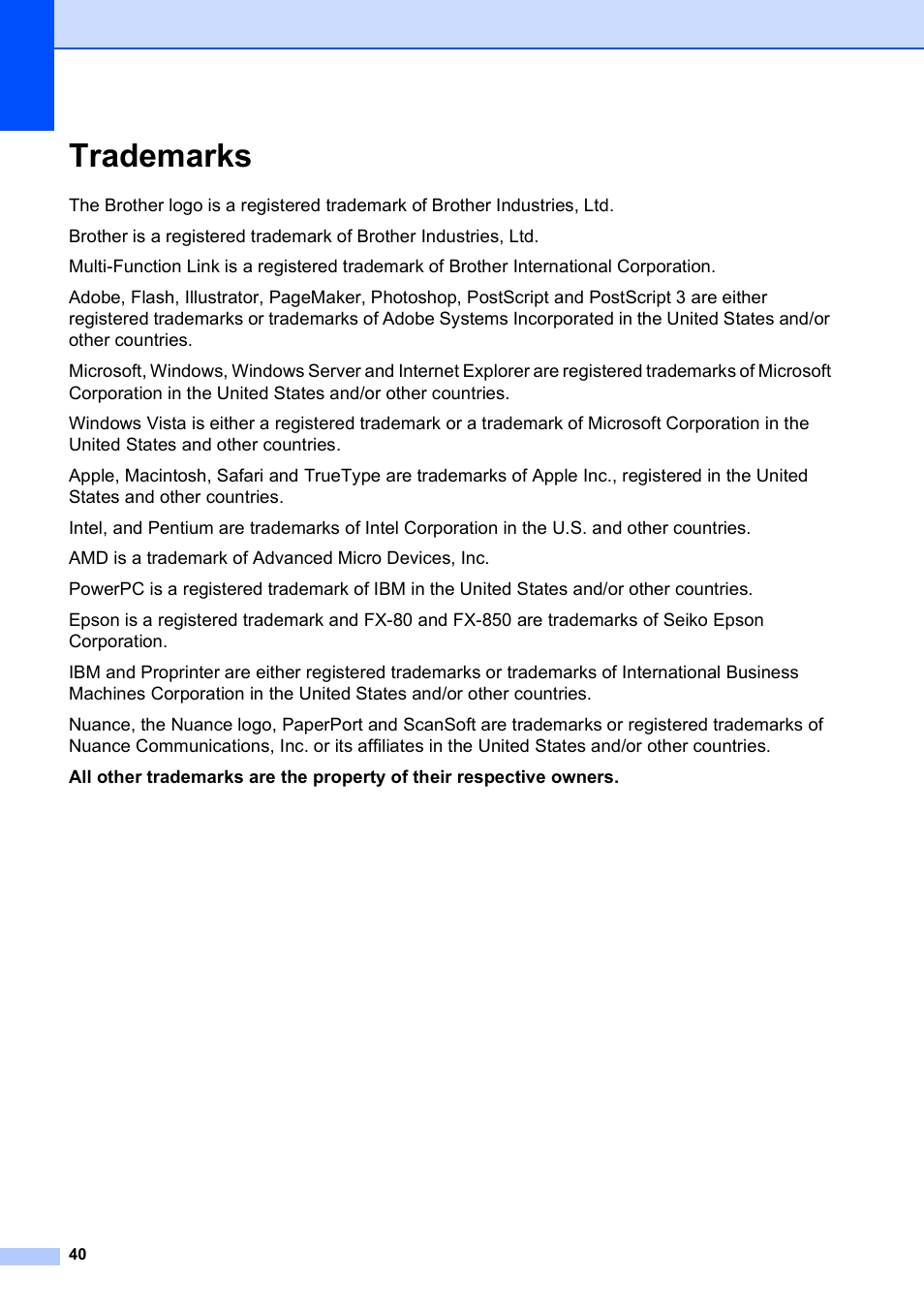 Trademarks | Brother DCP-9010CN User Manual | Page 48 / 136
