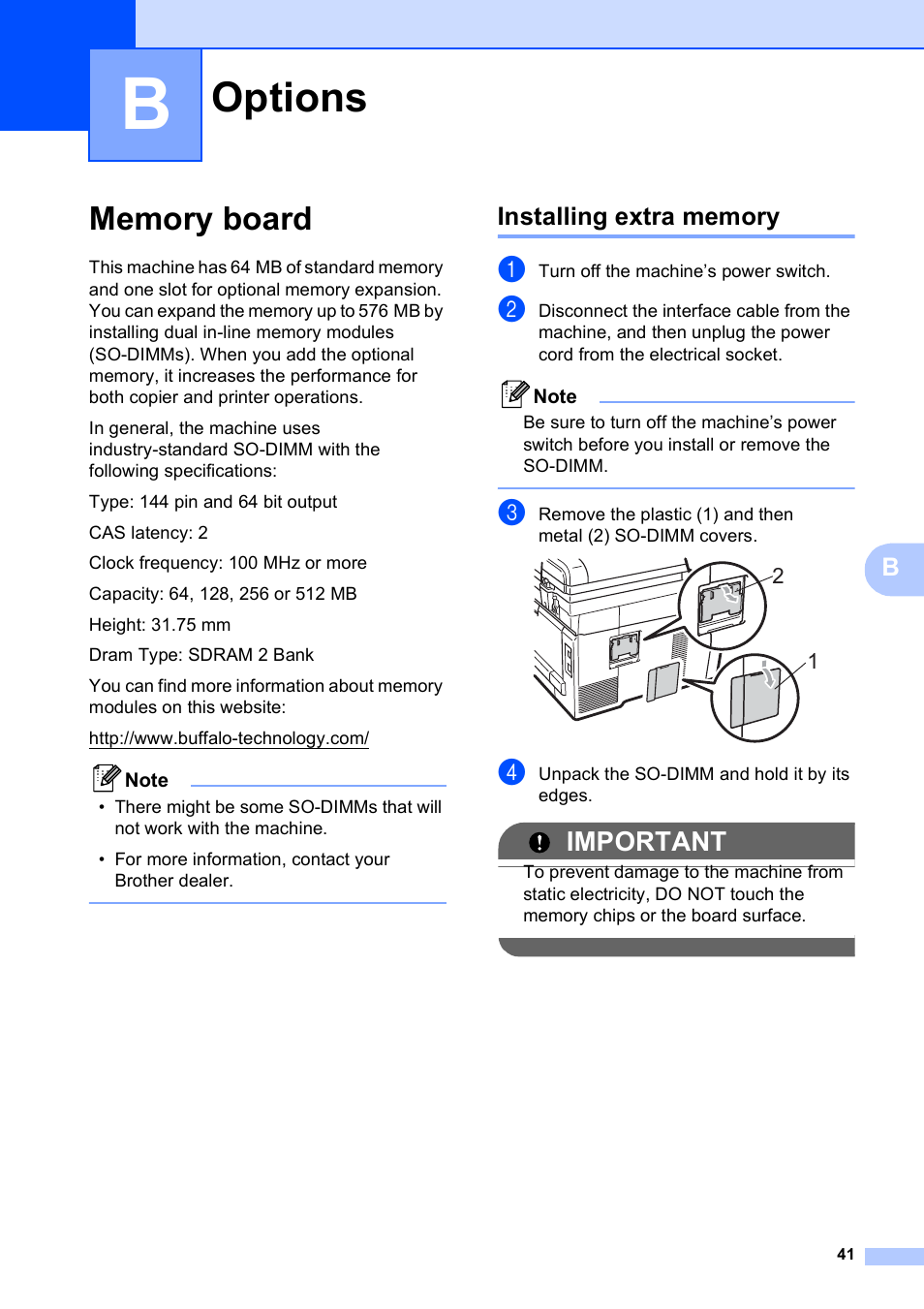 B options, Memory board, Installing extra memory | Options, Important | Brother DCP-9010CN User Manual | Page 49 / 136