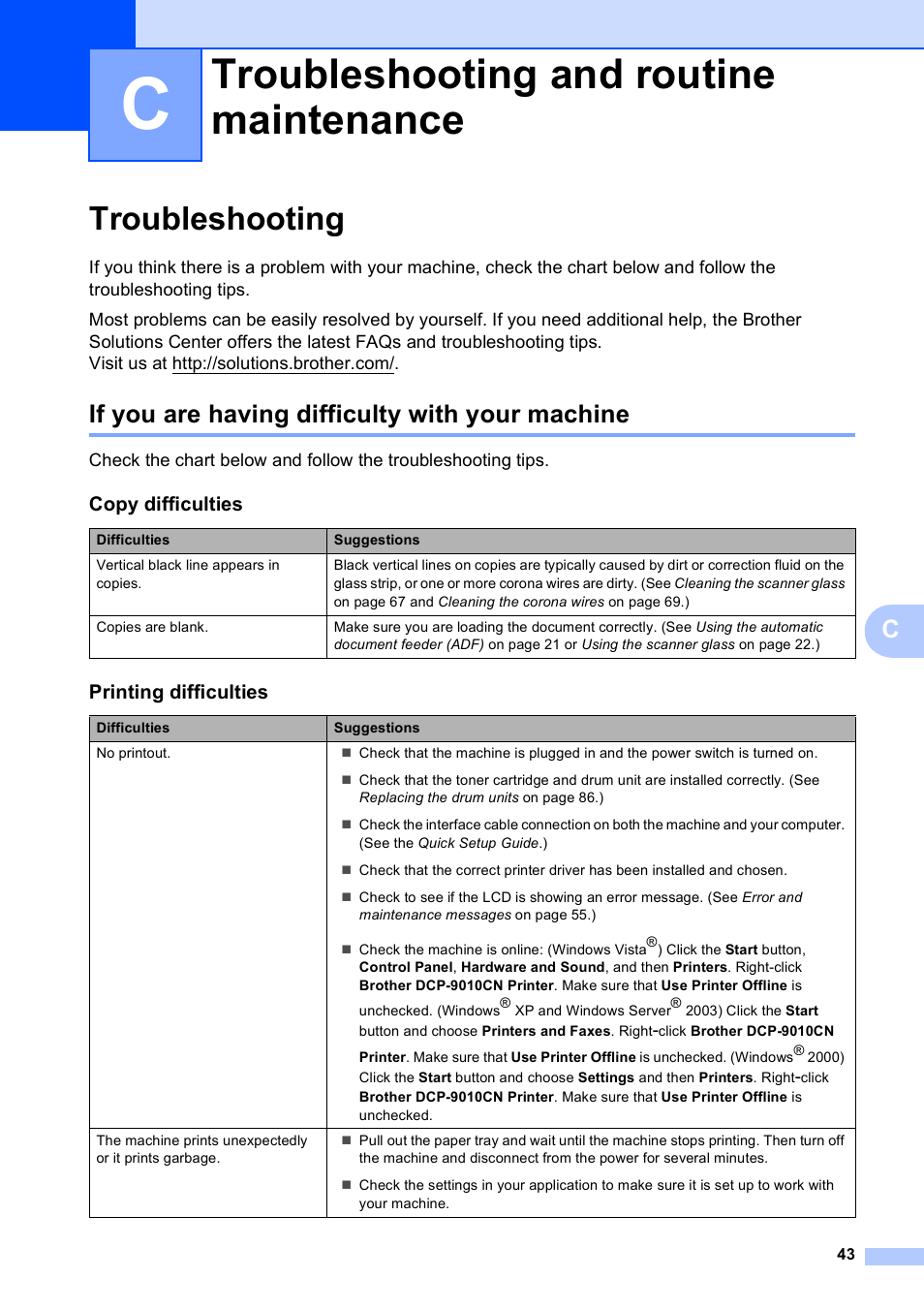 C troubleshooting and routine maintenance, Troubleshooting, If you are having difficulty with your machine | Troubleshooting and routine maintenance | Brother DCP-9010CN User Manual | Page 51 / 136