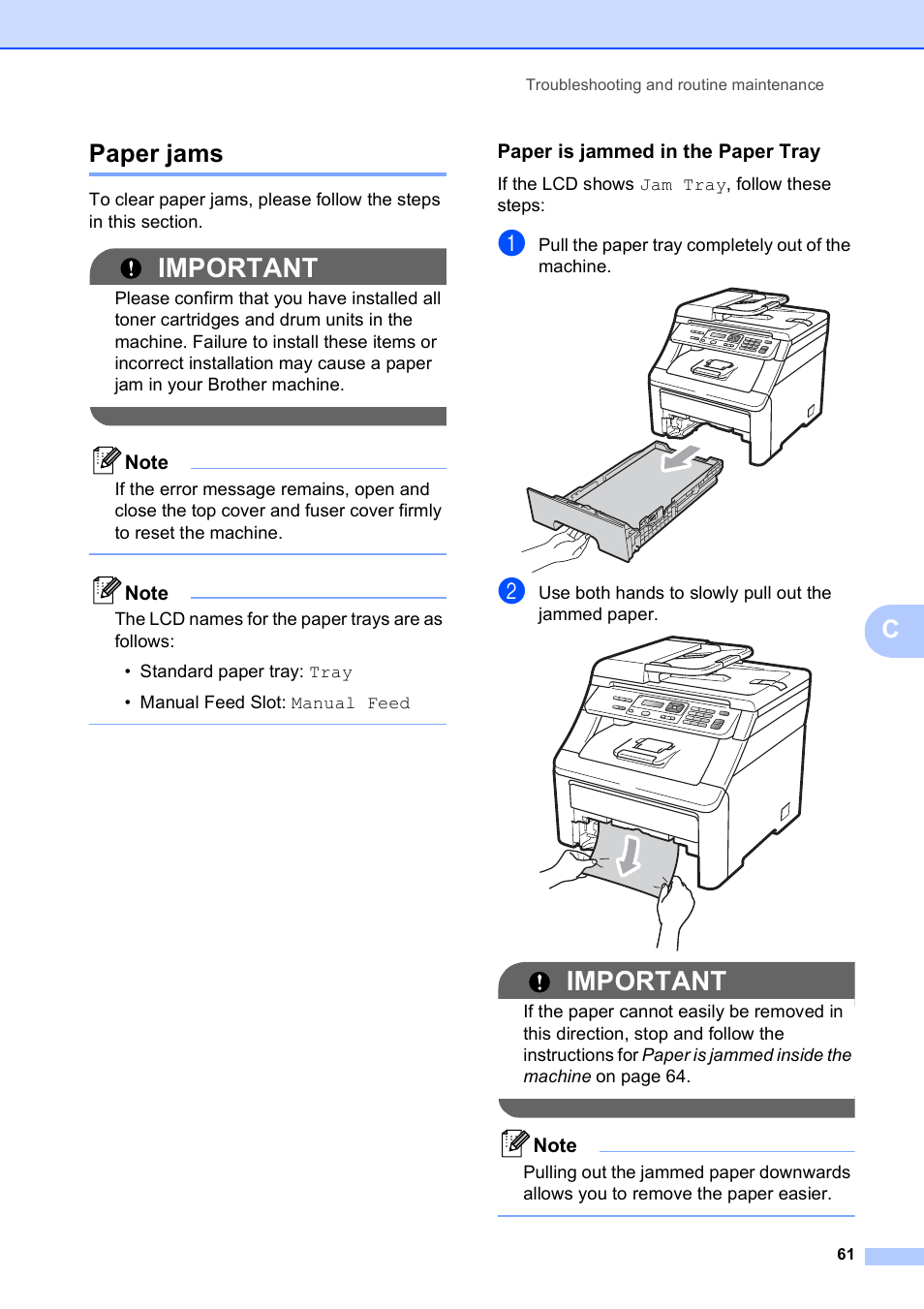 Paper jams, Paper is jammed in the paper tray, Important | Cpaper jams | Brother DCP-9010CN User Manual | Page 69 / 136
