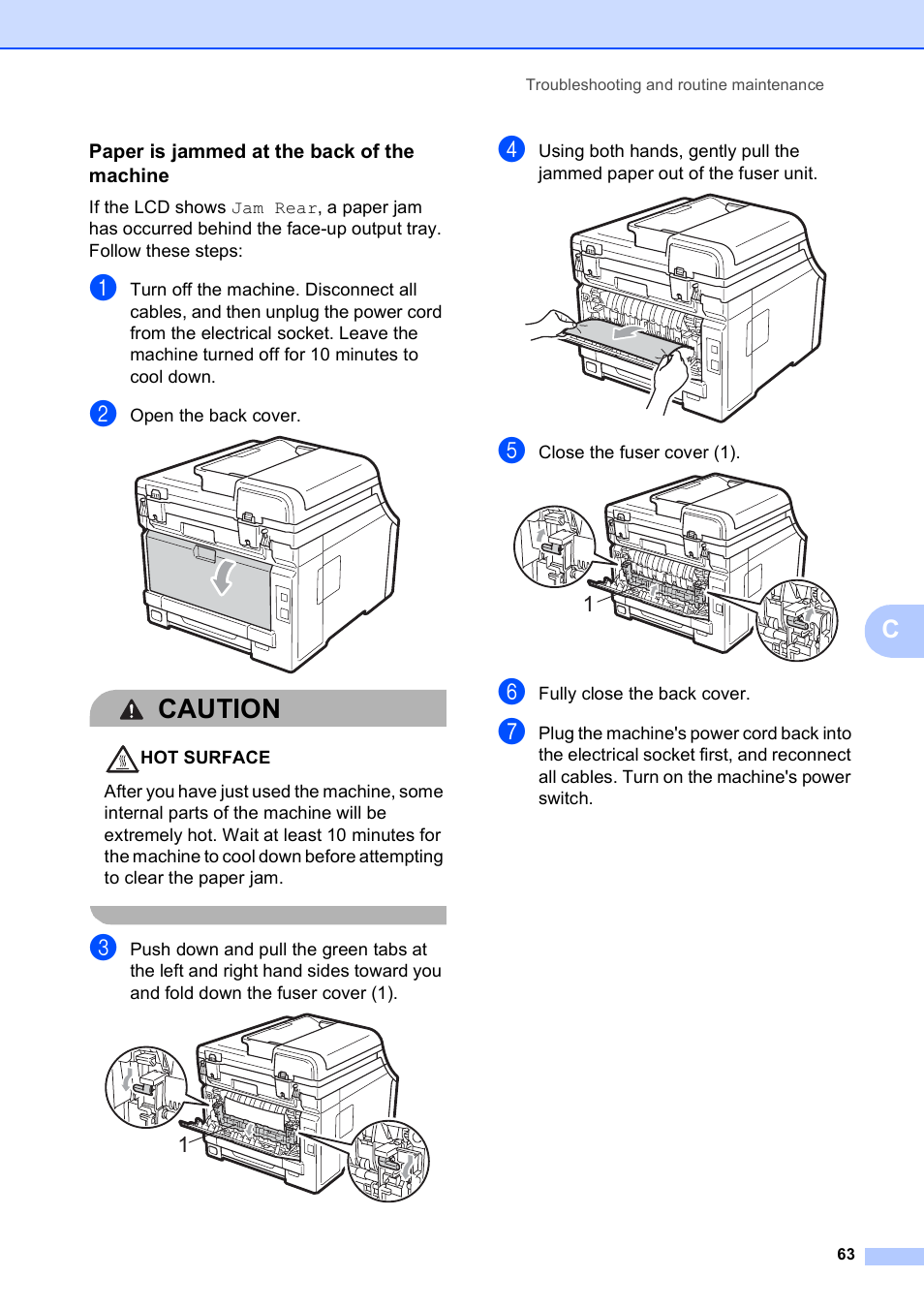 Paper is jammed at the back of the machine, Caution | Brother DCP-9010CN User Manual | Page 71 / 136