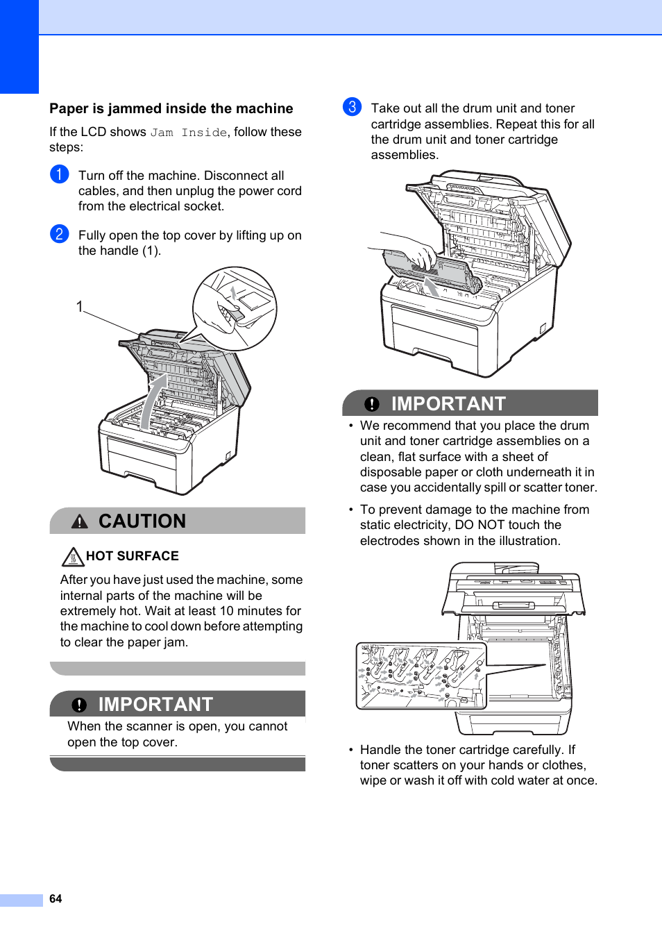 Paper is jammed inside the machine, Caution, Important | Brother DCP-9010CN User Manual | Page 72 / 136