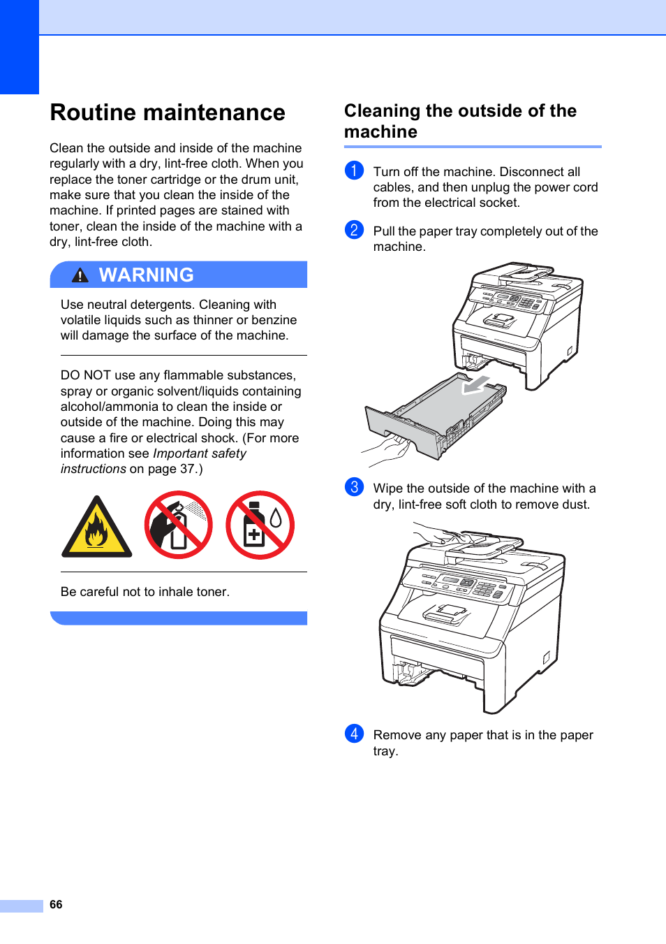 Routine maintenance, Cleaning the outside of the machine, Warning | Brother DCP-9010CN User Manual | Page 74 / 136