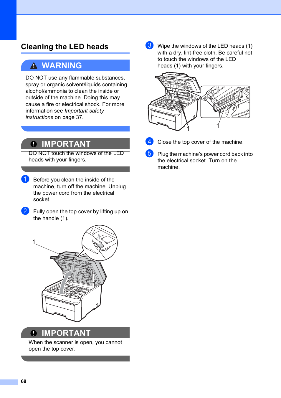 Cleaning the led heads, Warning, Important | Brother DCP-9010CN User Manual | Page 76 / 136