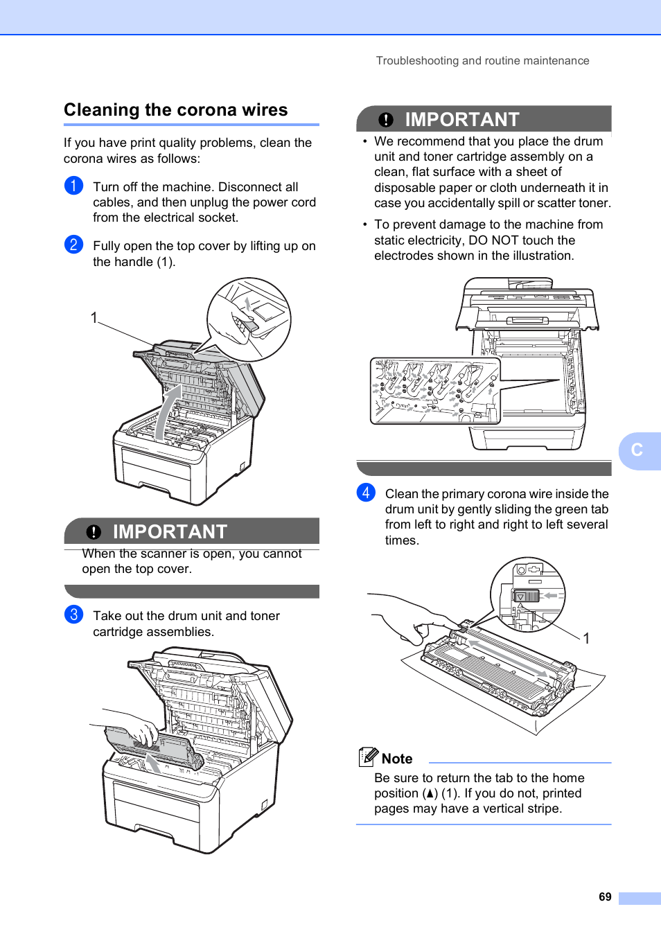 Cleaning the corona wires, Important, Ccleaning the corona wires | Brother DCP-9010CN User Manual | Page 77 / 136