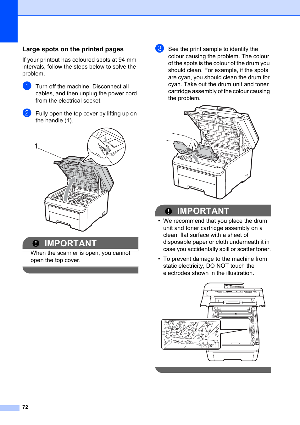 Important, Large spots on the printed pages | Brother DCP-9010CN User Manual | Page 80 / 136