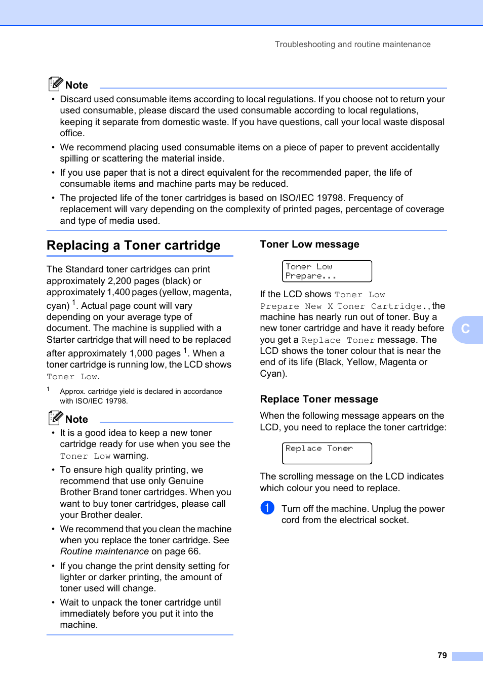 Replacing a toner cartridge, Toner low message, Replace toner message | Brother DCP-9010CN User Manual | Page 87 / 136