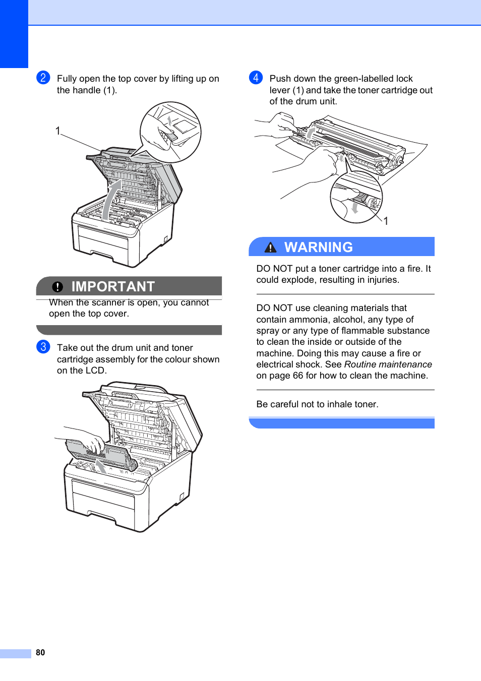Important, Warning, Be careful not to inhale toner | Brother DCP-9010CN User Manual | Page 88 / 136