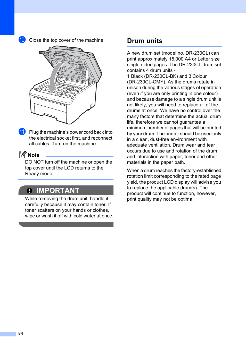 Drum units, Important | Brother DCP-9010CN User Manual | Page 92 / 136