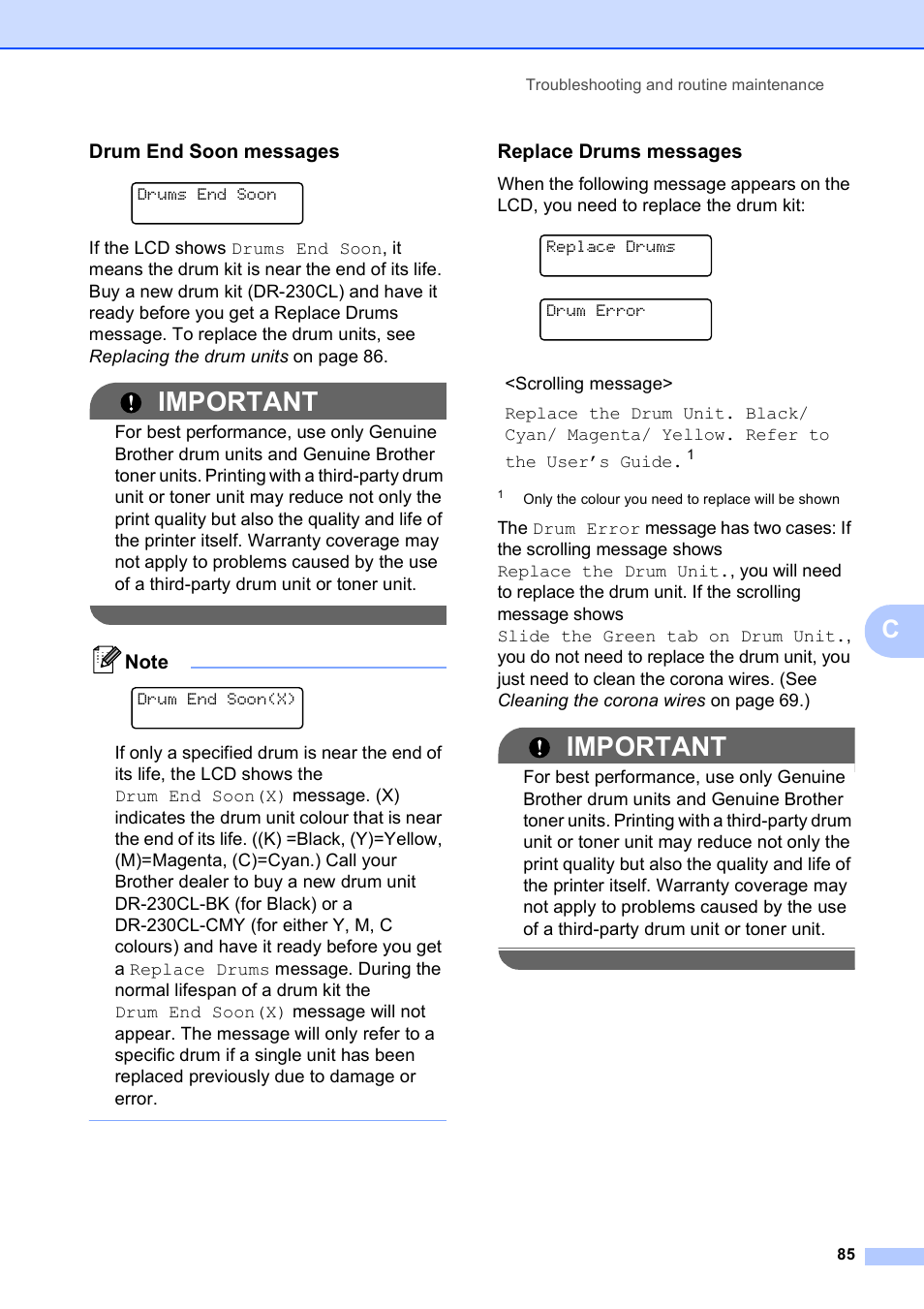 Drum end soon messages, Replace drums messages, Important | Replace drums, Drum error | Brother DCP-9010CN User Manual | Page 93 / 136