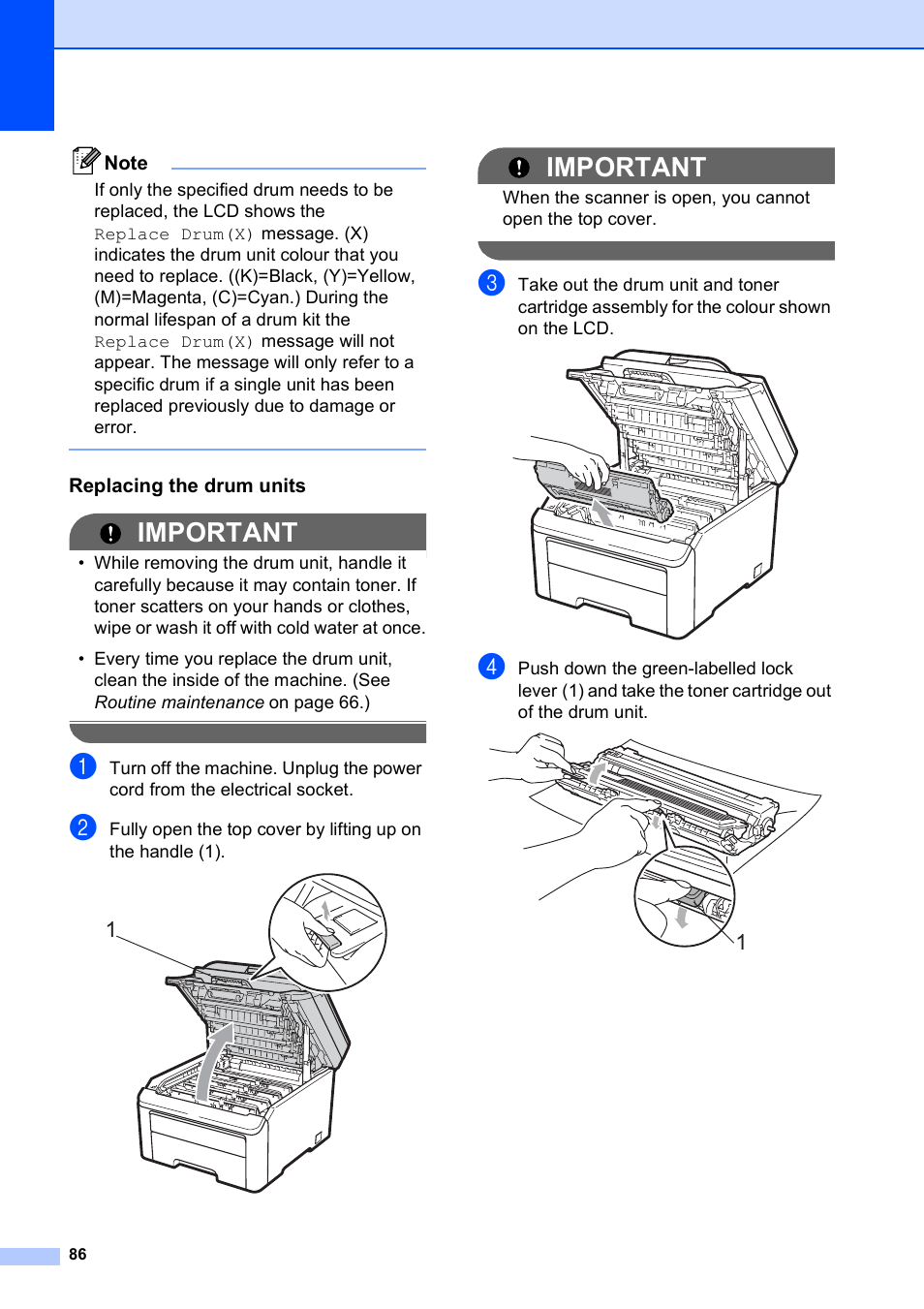 Replacing the drum units, Important | Brother DCP-9010CN User Manual | Page 94 / 136