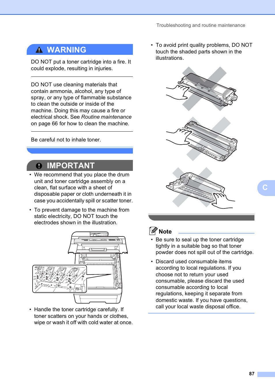 Warning, Important, Be careful not to inhale toner | Brother DCP-9010CN User Manual | Page 95 / 136