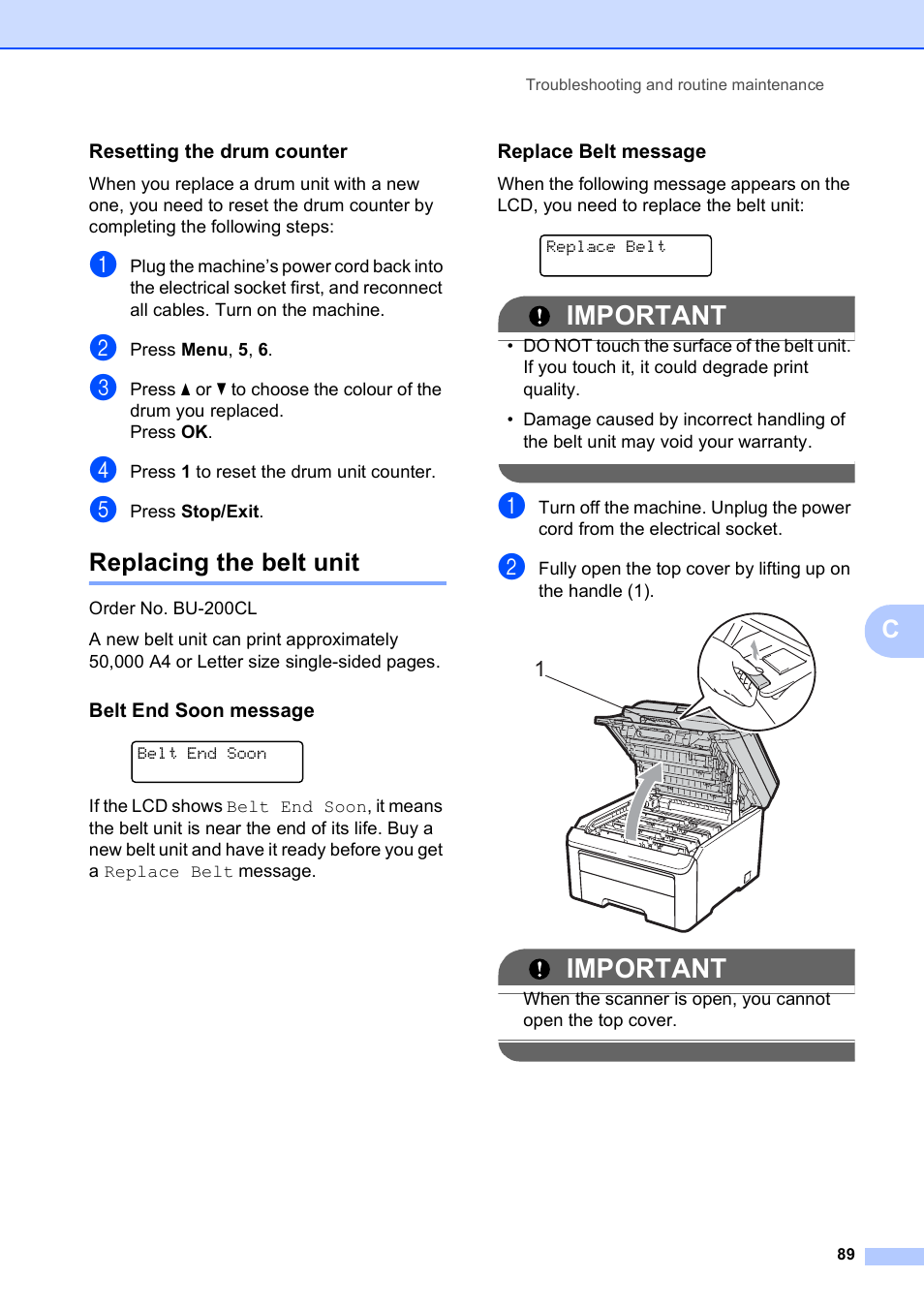 Resetting the drum counter, Replacing the belt unit, Belt end soon message | Replace belt message, Important | Brother DCP-9010CN User Manual | Page 97 / 136