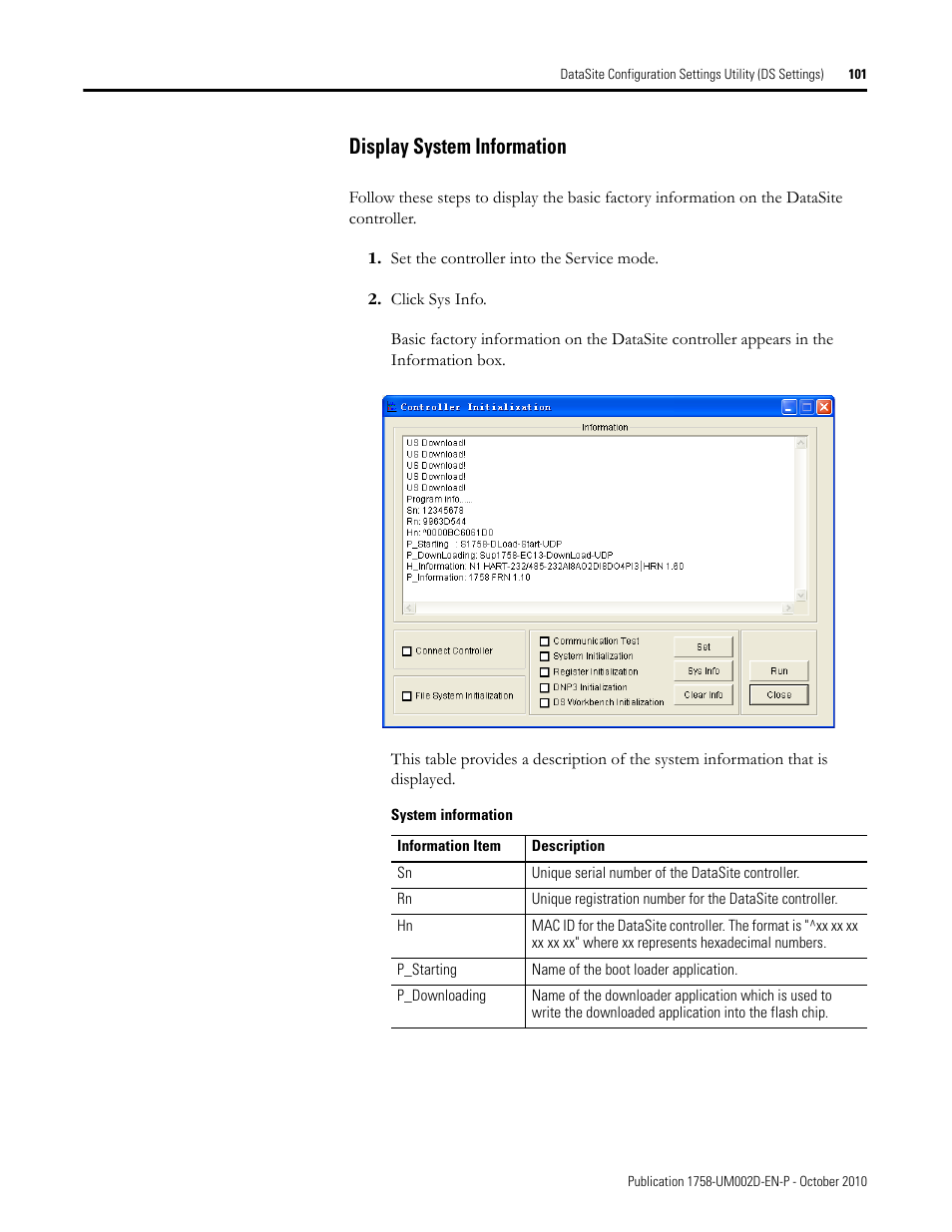 Display system information | Rockwell Automation 1758-RTU202 DataSite Software User Manual FRN 1.2 User Manual | Page 101 / 348