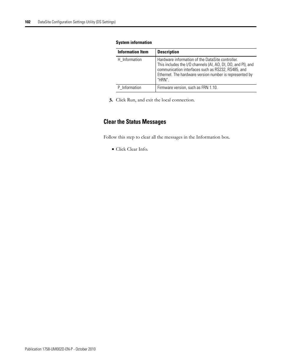Clear the status messages | Rockwell Automation 1758-RTU202 DataSite Software User Manual FRN 1.2 User Manual | Page 102 / 348