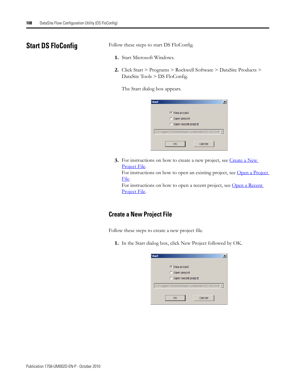 Start ds floconfig, Create a new project file | Rockwell Automation 1758-RTU202 DataSite Software User Manual FRN 1.2 User Manual | Page 108 / 348