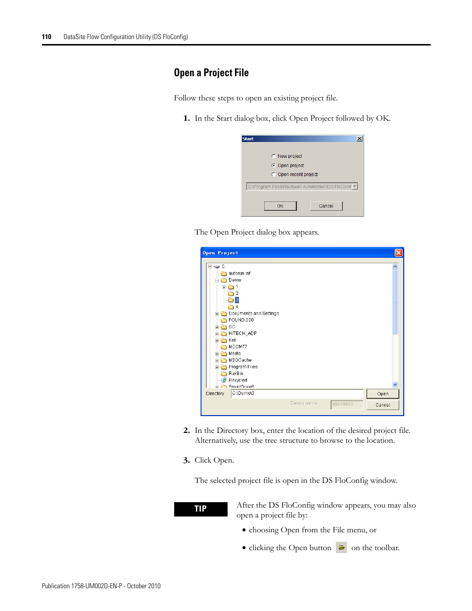 Open a project file, T, see, Open a project | File | Rockwell Automation 1758-RTU202 DataSite Software User Manual FRN 1.2 User Manual | Page 110 / 348