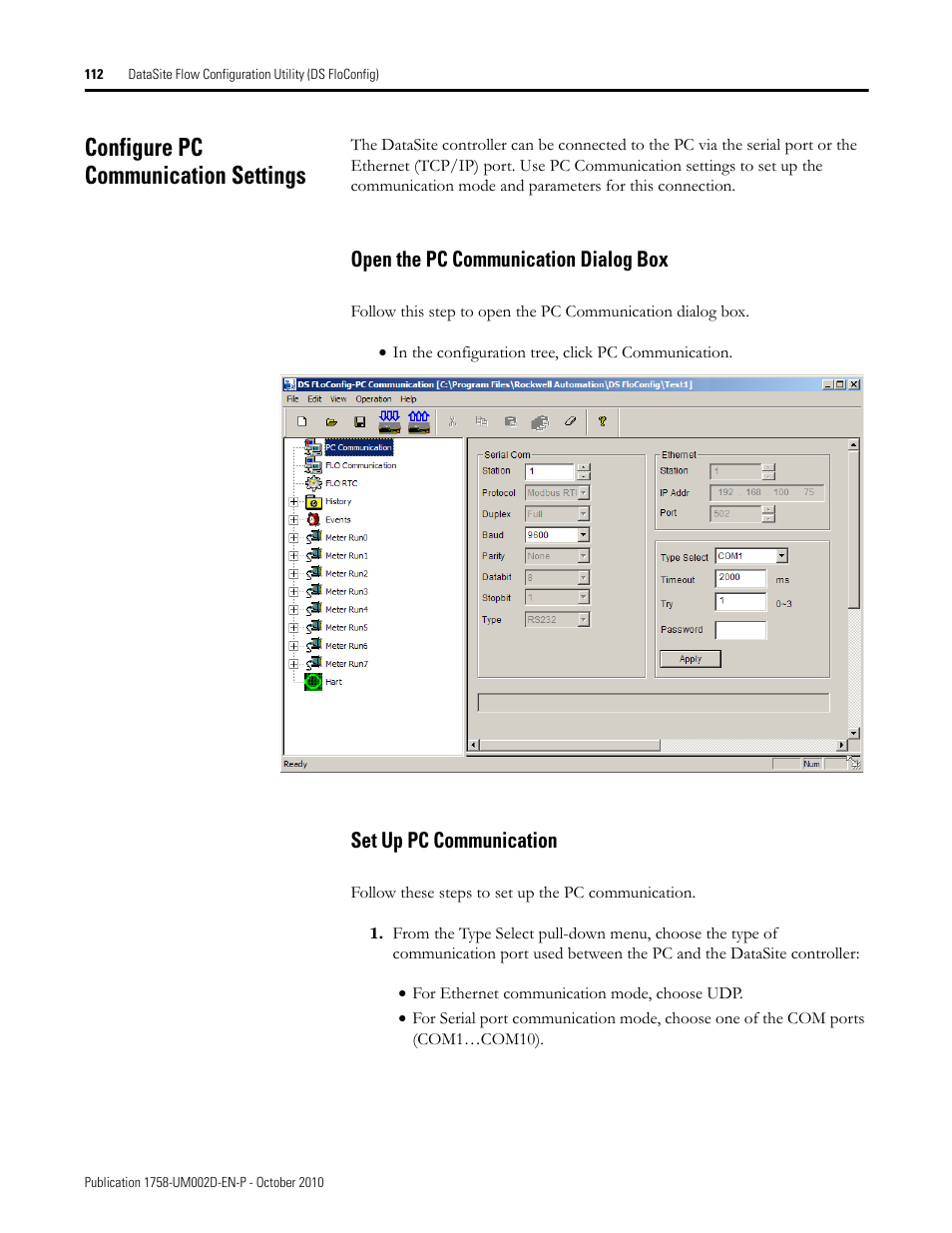 Configure pc communication settings, Open the pc communication dialog box, Set up pc communication | Rockwell Automation 1758-RTU202 DataSite Software User Manual FRN 1.2 User Manual | Page 112 / 348