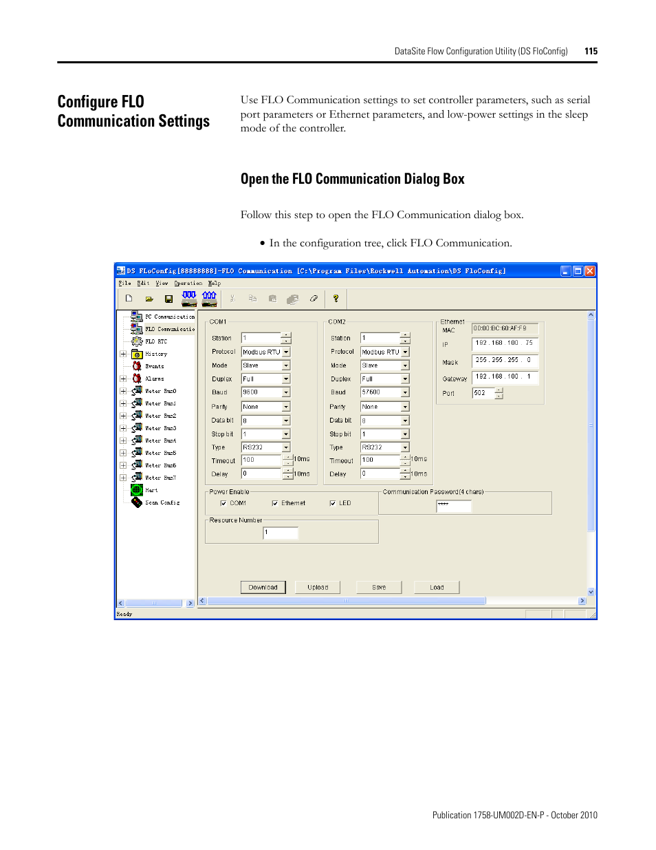 Configure flo communication settings, Open the flo communication dialog box | Rockwell Automation 1758-RTU202 DataSite Software User Manual FRN 1.2 User Manual | Page 115 / 348