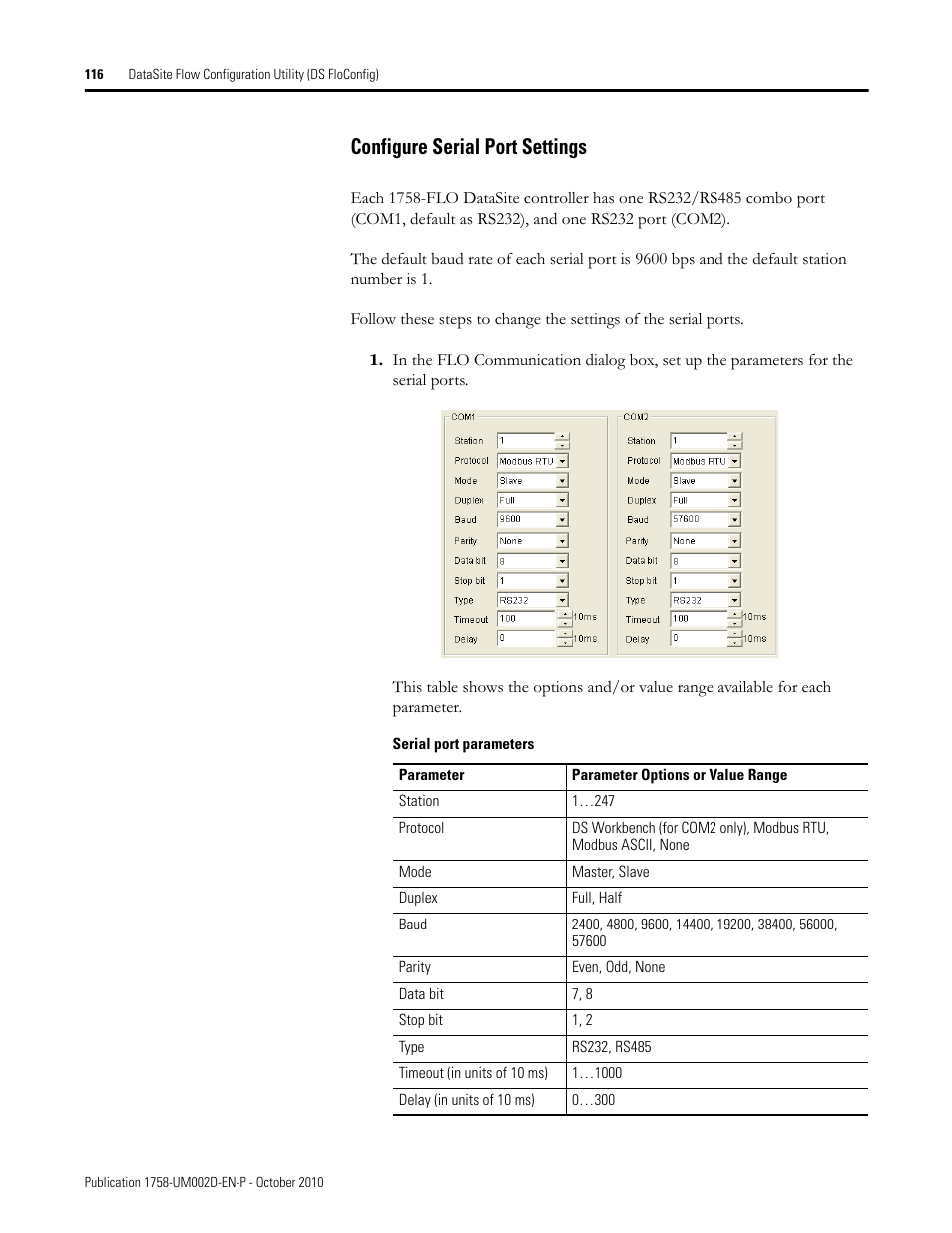 Configure serial port settings | Rockwell Automation 1758-RTU202 DataSite Software User Manual FRN 1.2 User Manual | Page 116 / 348