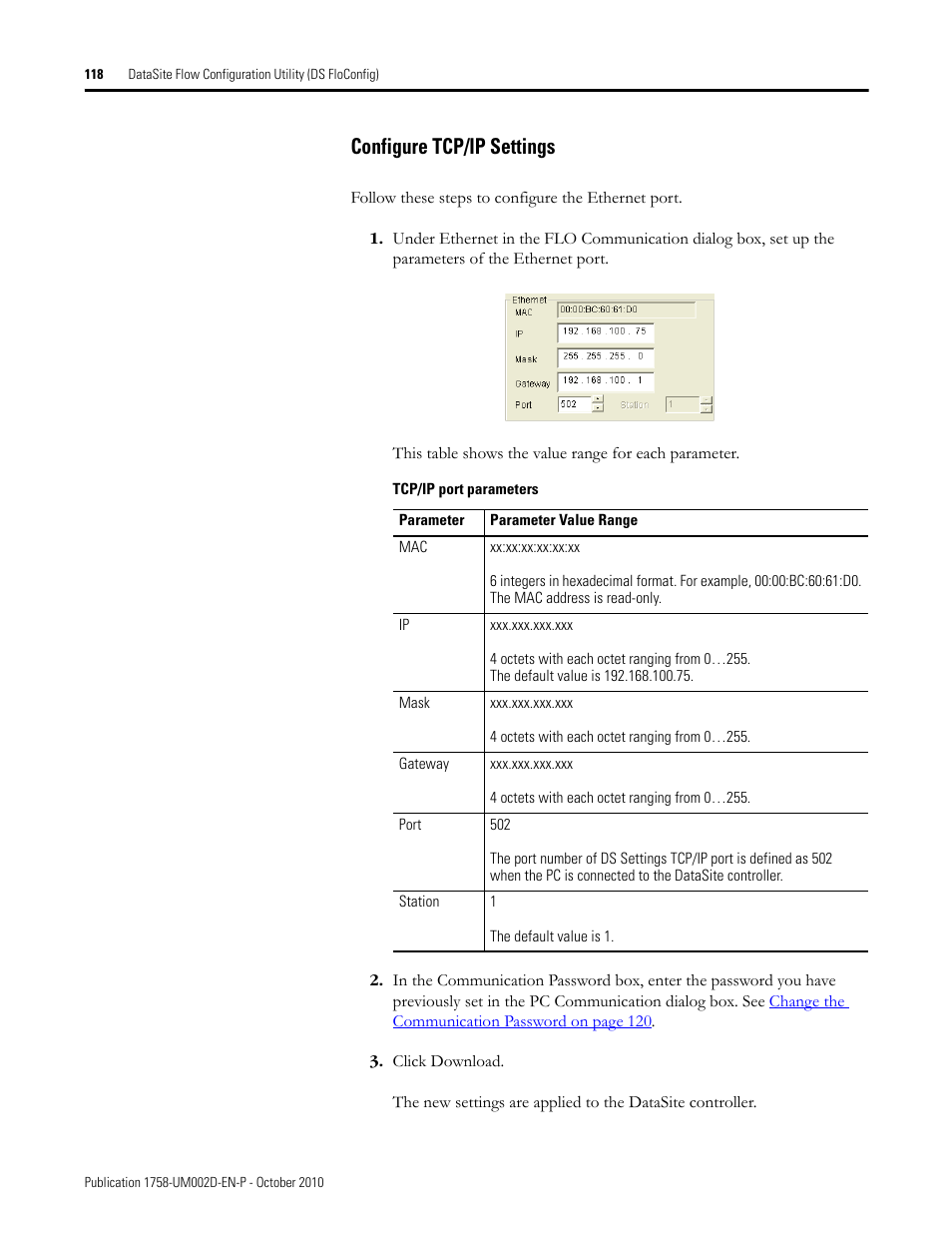 Configure tcp/ip settings | Rockwell Automation 1758-RTU202 DataSite Software User Manual FRN 1.2 User Manual | Page 118 / 348