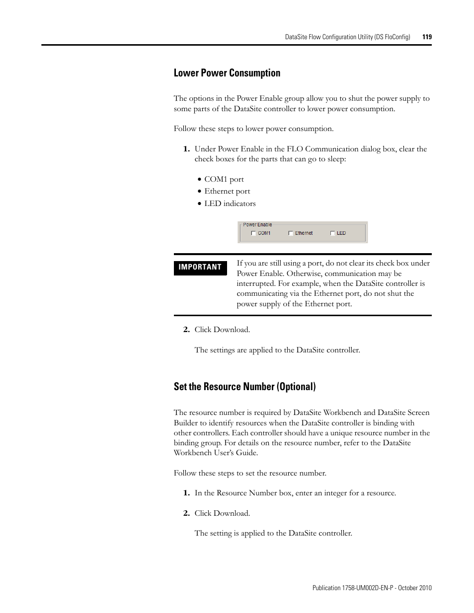 Lower power consumption, Set the resource number (optional) | Rockwell Automation 1758-RTU202 DataSite Software User Manual FRN 1.2 User Manual | Page 119 / 348