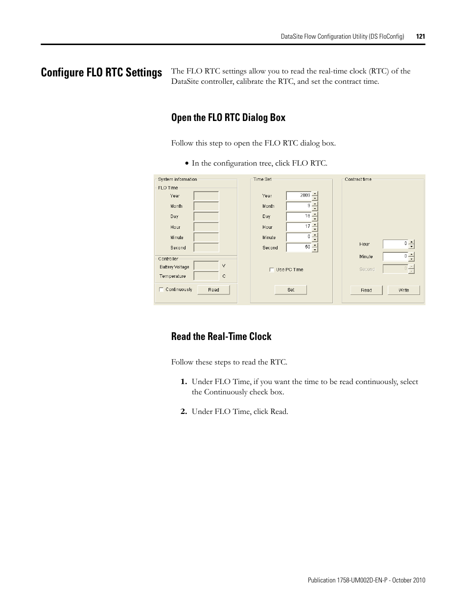 Configure flo rtc settings, Open the flo rtc dialog box, Read the real-time clock | Rockwell Automation 1758-RTU202 DataSite Software User Manual FRN 1.2 User Manual | Page 121 / 348