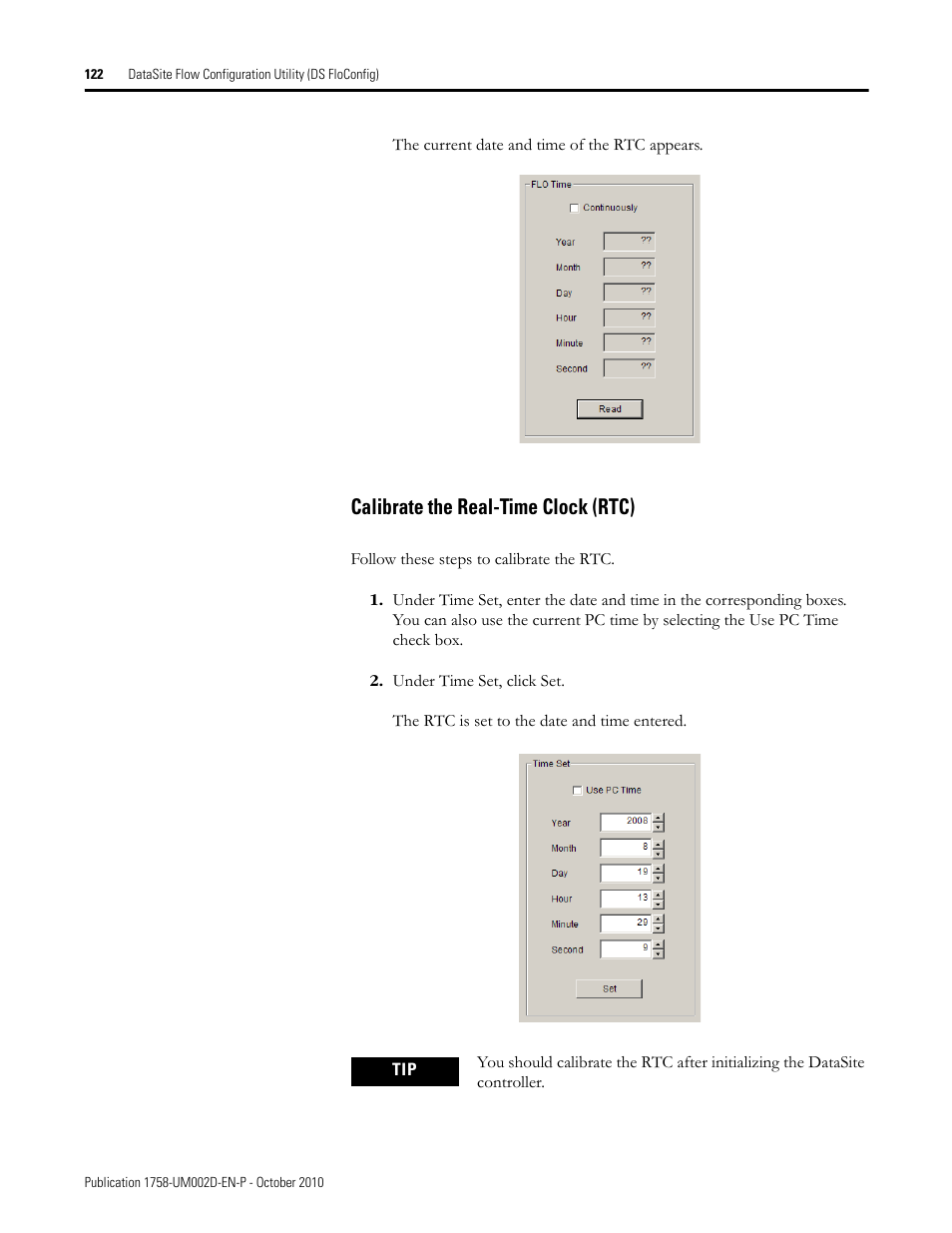 Calibrate the real-time clock (rtc) | Rockwell Automation 1758-RTU202 DataSite Software User Manual FRN 1.2 User Manual | Page 122 / 348