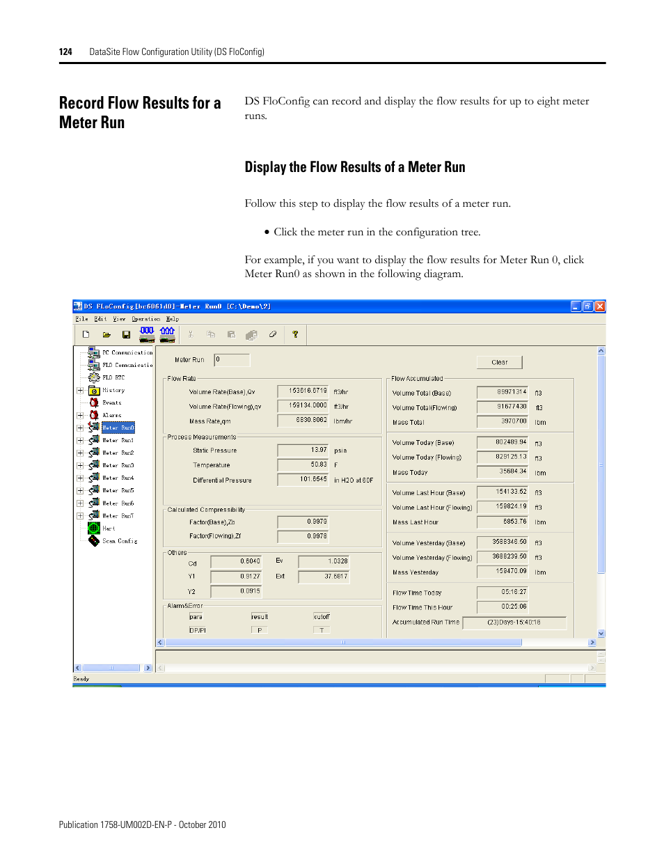 Record flow results for a meter run, Display the flow results of a meter run | Rockwell Automation 1758-RTU202 DataSite Software User Manual FRN 1.2 User Manual | Page 124 / 348