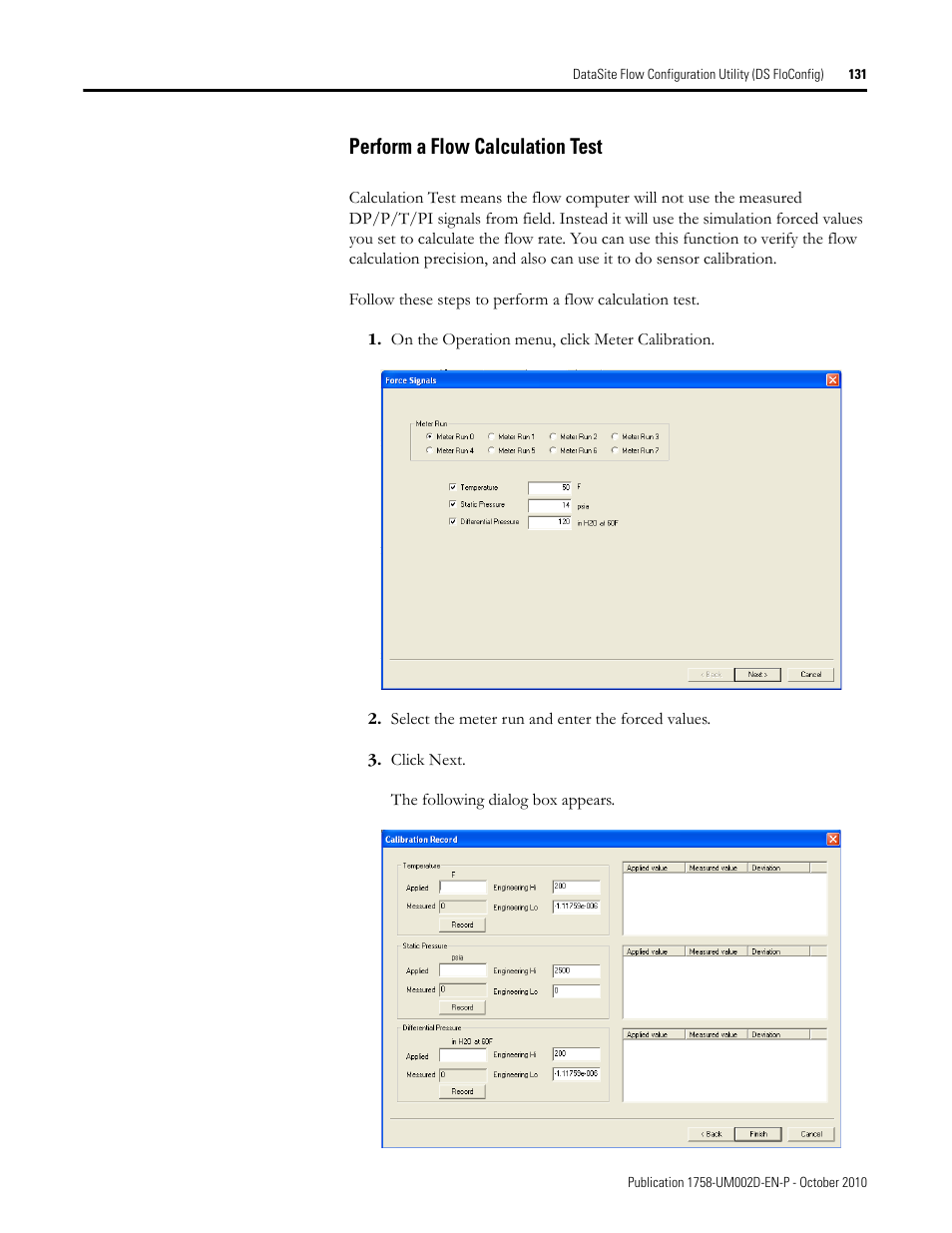 Perform a flow calculation test | Rockwell Automation 1758-RTU202 DataSite Software User Manual FRN 1.2 User Manual | Page 131 / 348