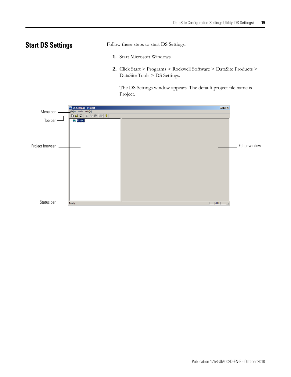Start ds settings | Rockwell Automation 1758-RTU202 DataSite Software User Manual FRN 1.2 User Manual | Page 15 / 348
