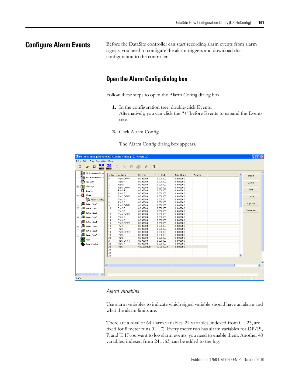 Configure alarm events, Open the alarm config dialog box | Rockwell Automation 1758-RTU202 DataSite Software User Manual FRN 1.2 User Manual | Page 161 / 348