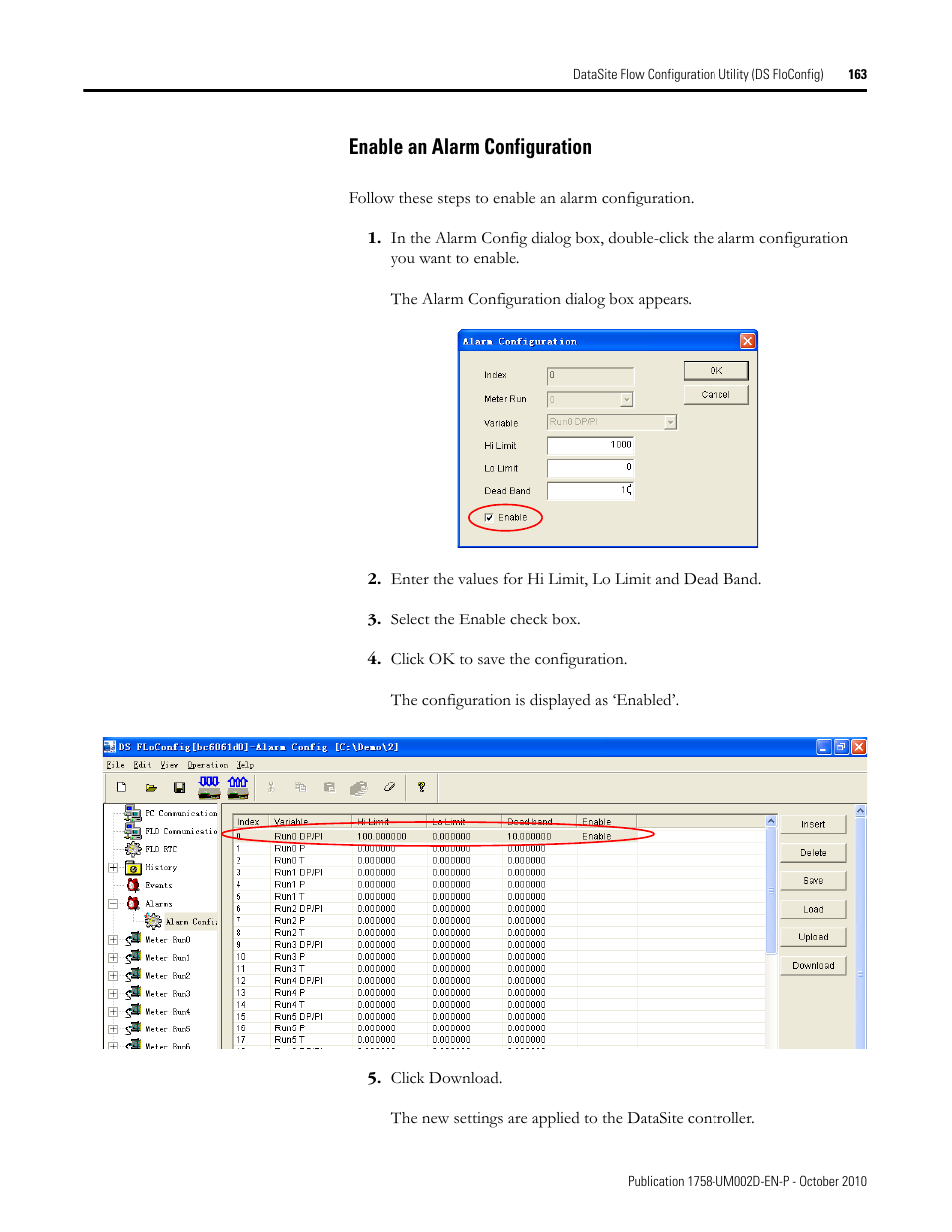 Enable an alarm configuration | Rockwell Automation 1758-RTU202 DataSite Software User Manual FRN 1.2 User Manual | Page 163 / 348
