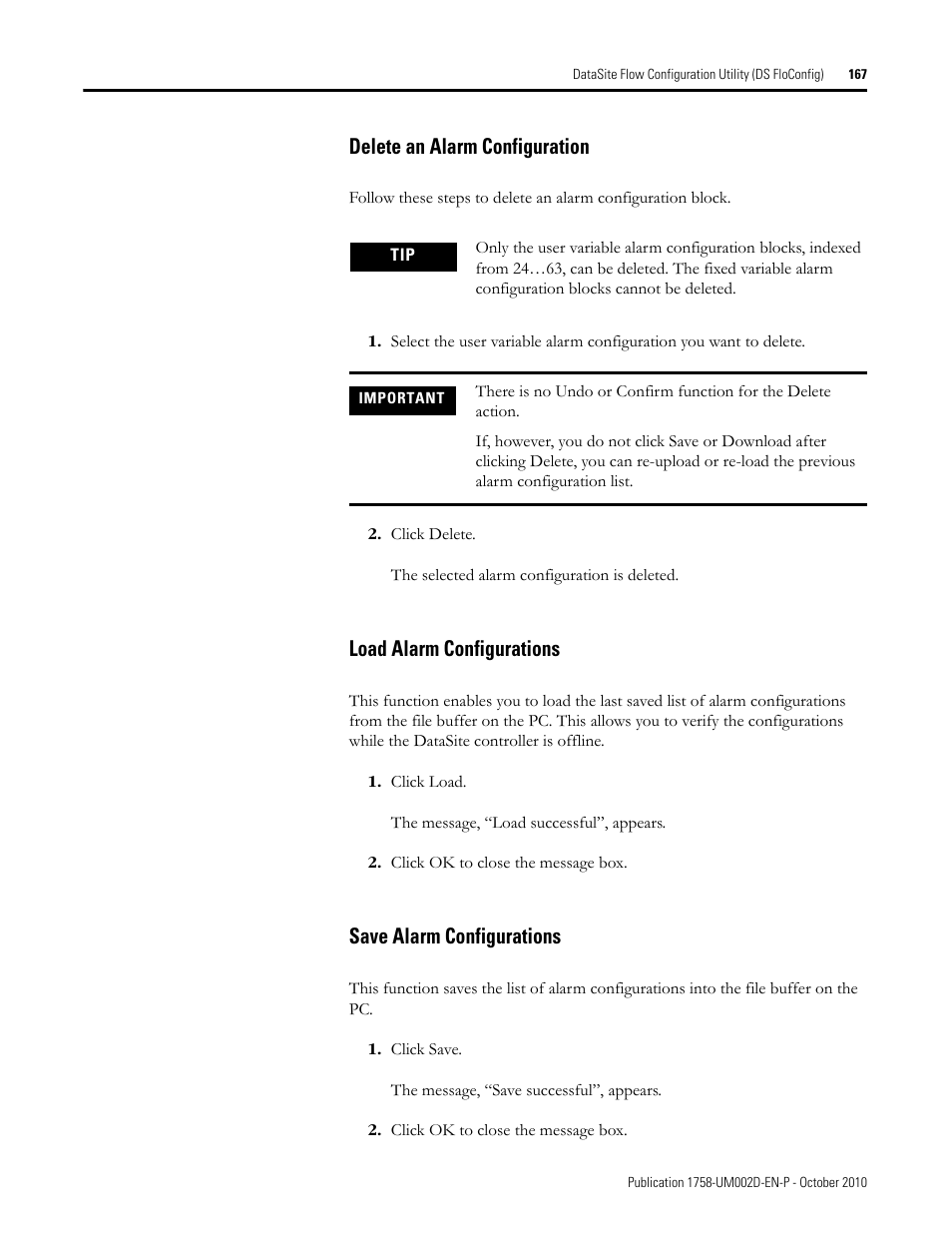 Delete an alarm configuration, Load alarm configurations, Save alarm configurations | Delete an alarm, Configuration | Rockwell Automation 1758-RTU202 DataSite Software User Manual FRN 1.2 User Manual | Page 167 / 348