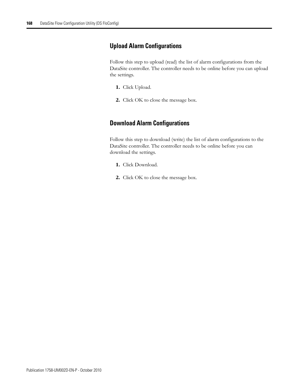 Upload alarm configurations, Download alarm configurations | Rockwell Automation 1758-RTU202 DataSite Software User Manual FRN 1.2 User Manual | Page 168 / 348