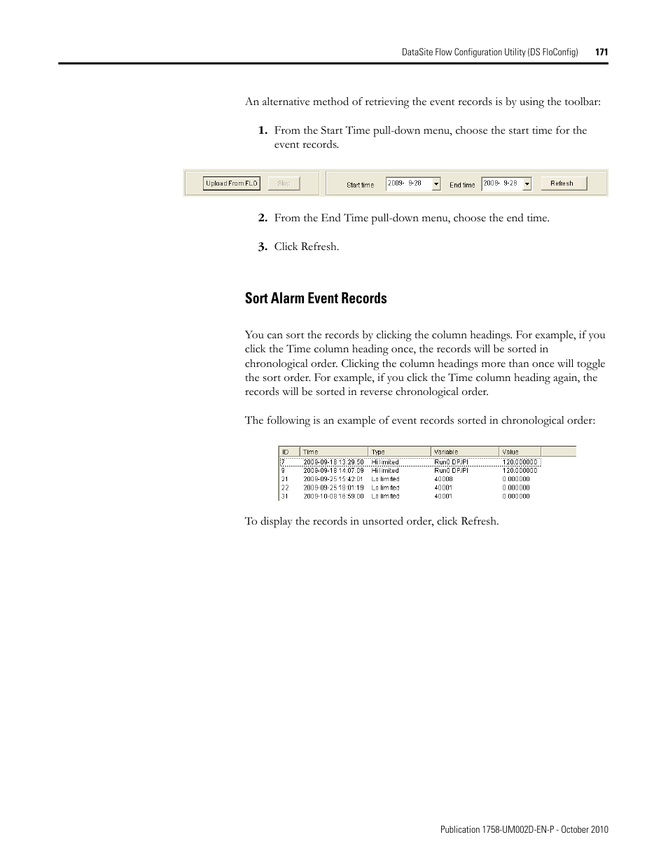 Sort alarm event records | Rockwell Automation 1758-RTU202 DataSite Software User Manual FRN 1.2 User Manual | Page 171 / 348
