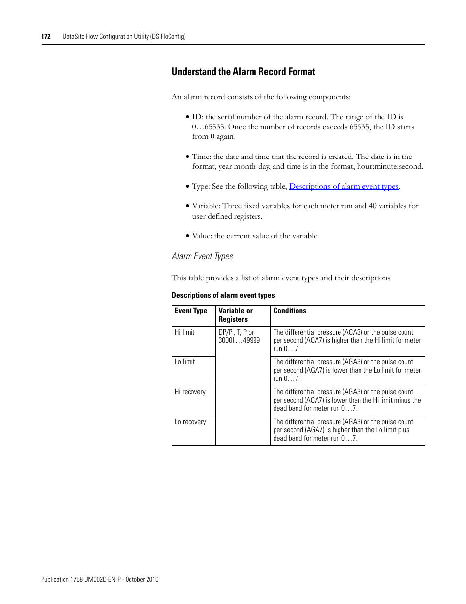 Understand the alarm record format | Rockwell Automation 1758-RTU202 DataSite Software User Manual FRN 1.2 User Manual | Page 172 / 348