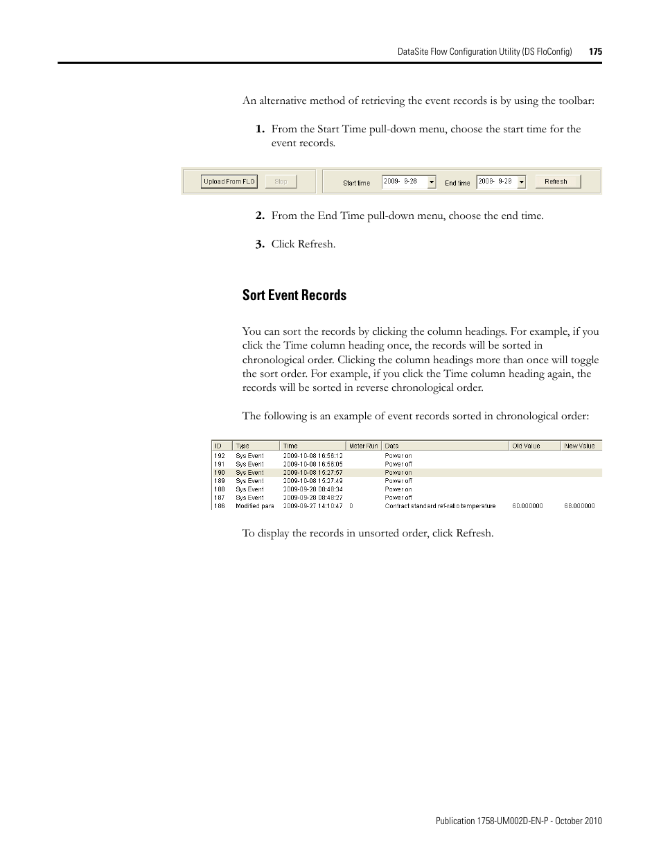 Sort event records | Rockwell Automation 1758-RTU202 DataSite Software User Manual FRN 1.2 User Manual | Page 175 / 348