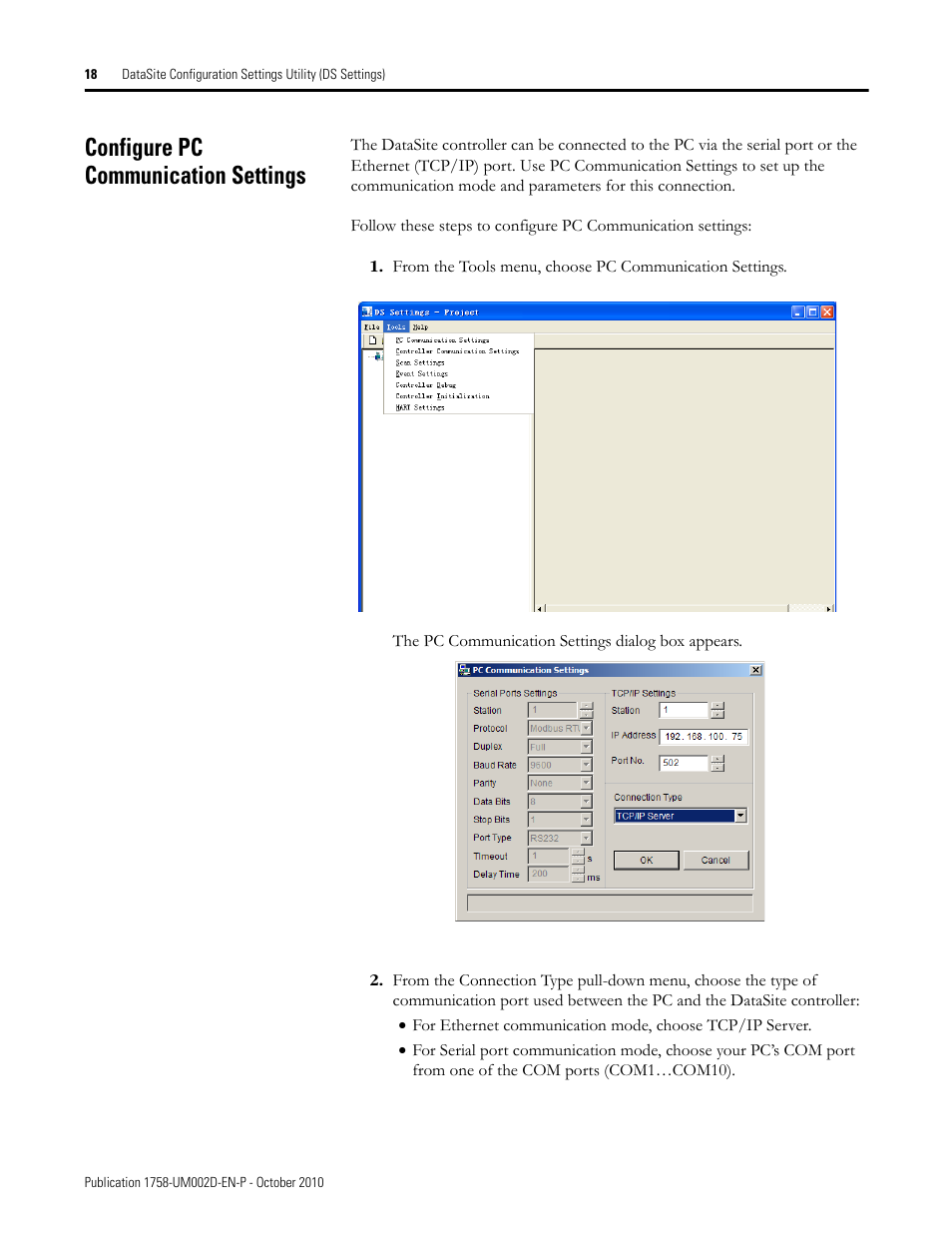Configure pc communication settings | Rockwell Automation 1758-RTU202 DataSite Software User Manual FRN 1.2 User Manual | Page 18 / 348