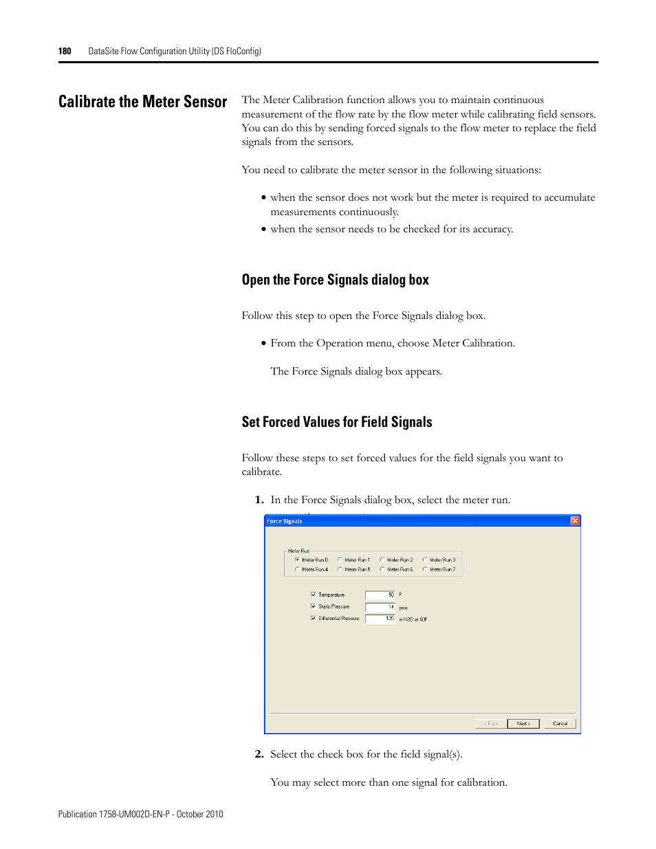 Calibrate the meter sensor, Open the force signals dialog box, Set forced values for field signals | Rockwell Automation 1758-RTU202 DataSite Software User Manual FRN 1.2 User Manual | Page 180 / 348