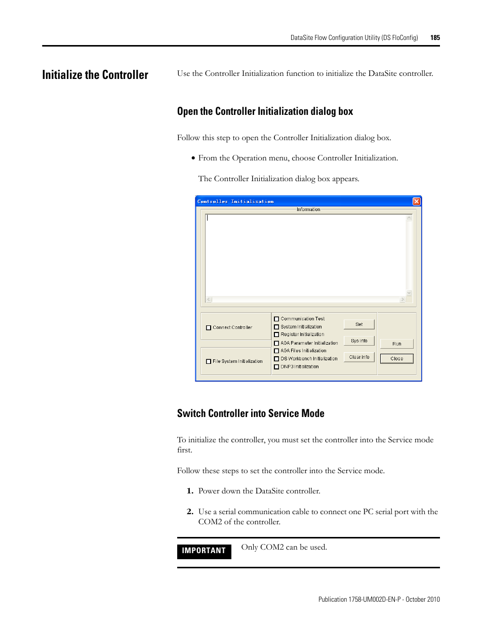 Initialize the controller, Open the controller initialization dialog box, Switch controller into service mode | Rockwell Automation 1758-RTU202 DataSite Software User Manual FRN 1.2 User Manual | Page 185 / 348