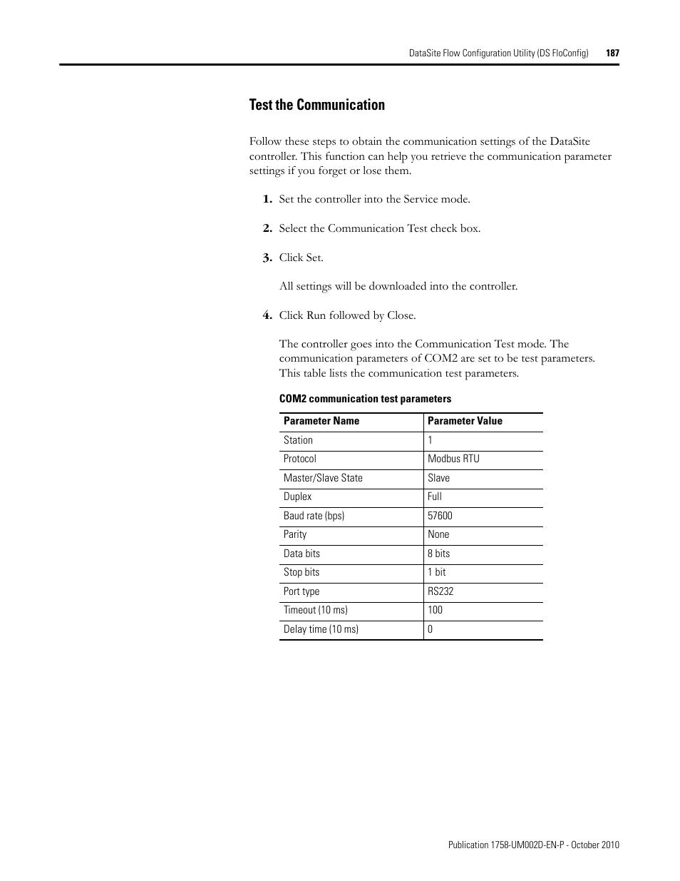 Test the communication | Rockwell Automation 1758-RTU202 DataSite Software User Manual FRN 1.2 User Manual | Page 187 / 348