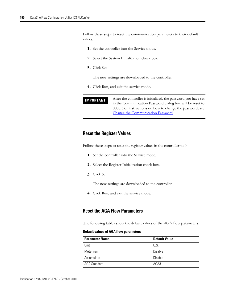 Reset the register values, Reset the aga flow parameters | Rockwell Automation 1758-RTU202 DataSite Software User Manual FRN 1.2 User Manual | Page 190 / 348