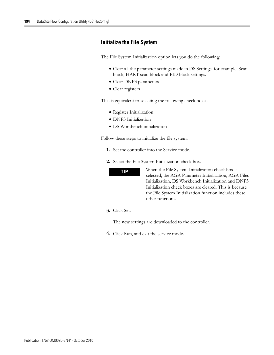 Initialize the file system | Rockwell Automation 1758-RTU202 DataSite Software User Manual FRN 1.2 User Manual | Page 194 / 348